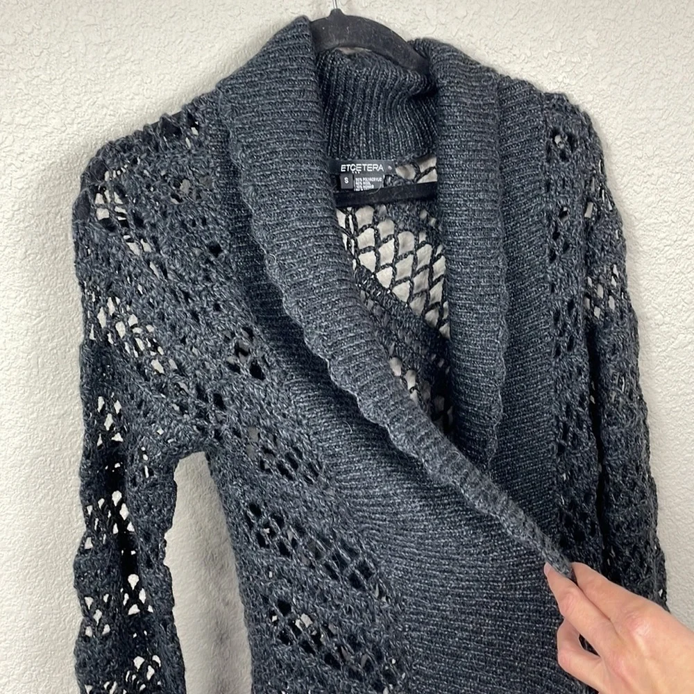 NWT Etcetera Open Crochet Knit Longline Cardigan Sweater Wool Black Sz S